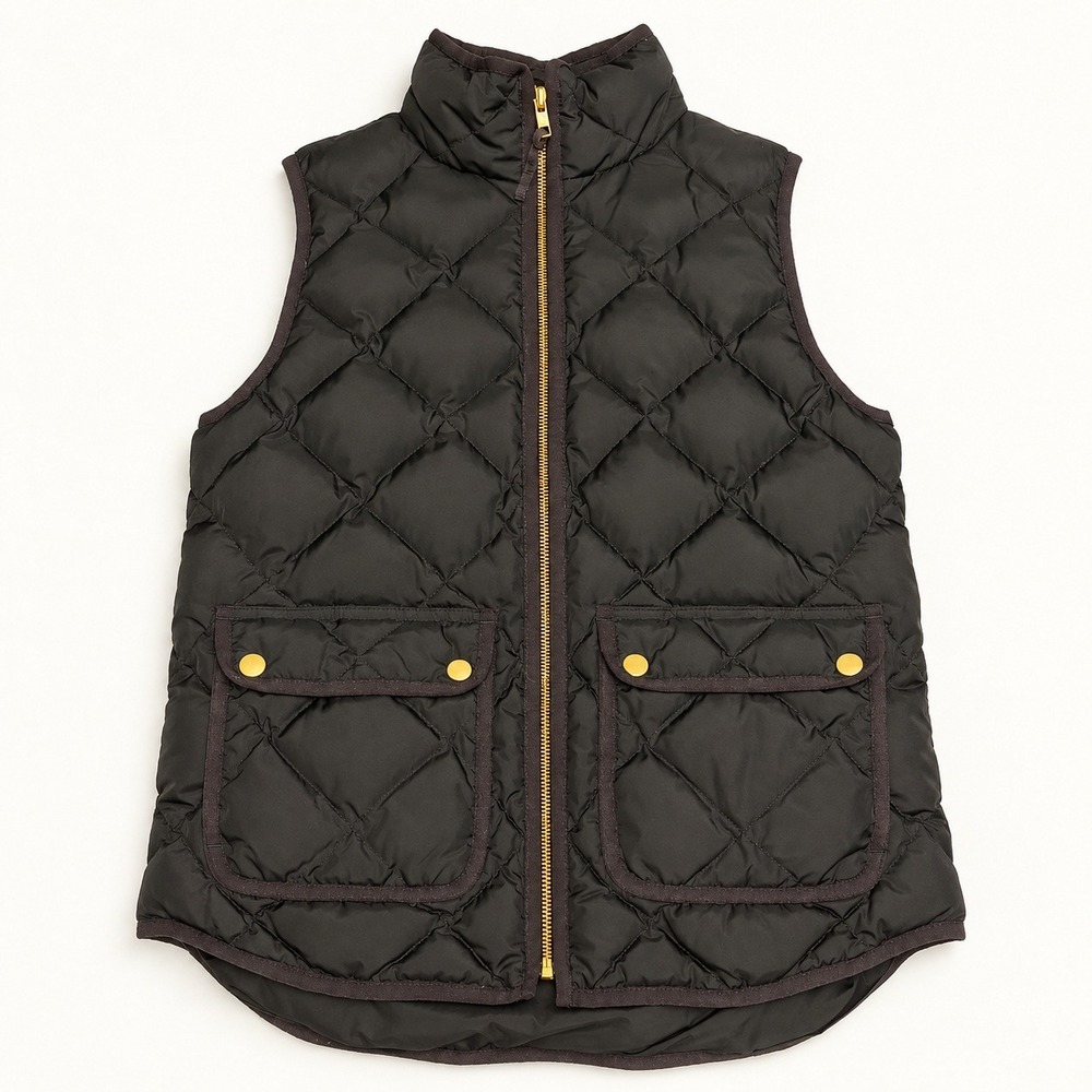 J.Crew Womens Black Diamond Quilted Down Vest XS Gold Zipper Pocket Puffer